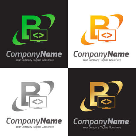 Programming code and computer monitor logo template. Coding school vector design. Computer science logotypeのイラスト素材