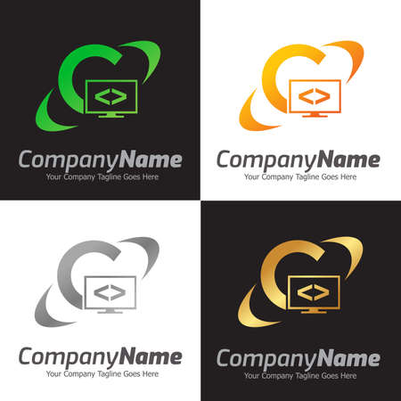 Programming code and computer monitor logo template. Coding school vector design. Computer science logotypeのイラスト素材