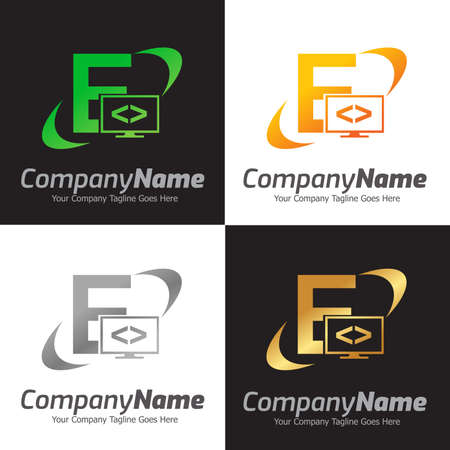 Programming code and computer monitor logo template. Coding school vector design. Computer science logotypeのイラスト素材