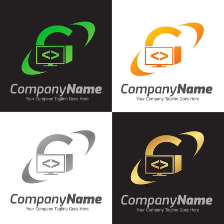 Programming code and computer monitor logo template. Coding school vector design. Computer science logotypeのイラスト素材