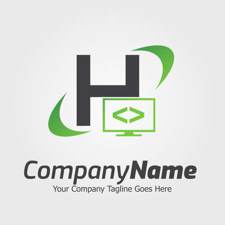 Programming code and computer monitor logo template. Coding school vector design. Computer science logotypeのイラスト素材