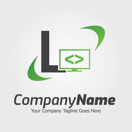 Programming code and computer monitor logo template. Coding school vector design. Computer science logotypeのイラスト素材