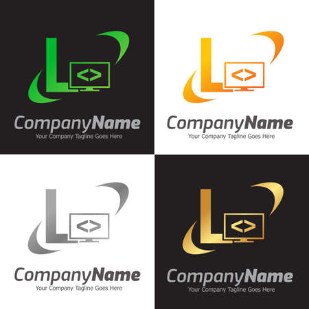 Programming code and computer monitor logo template. Coding school vector design. Computer science logotypeのイラスト素材