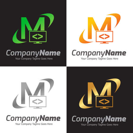 Programming code and computer monitor logo template. Coding school vector design. Computer science logotypeのイラスト素材