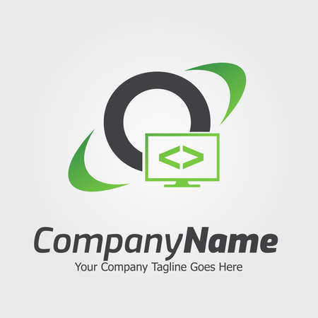 Programming code and computer monitor logo template. Coding school vector design. Computer science logotypeのイラスト素材