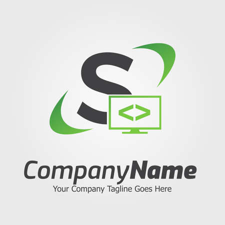 Programming code and computer monitor logo template. Coding school vector design. Computer science logotypeのイラスト素材