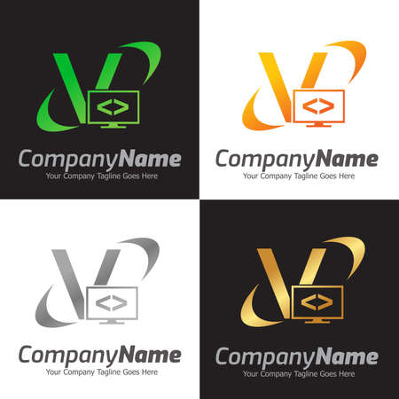 Programming code and computer monitor logo template. Coding school vector design. Computer science logotypeのイラスト素材