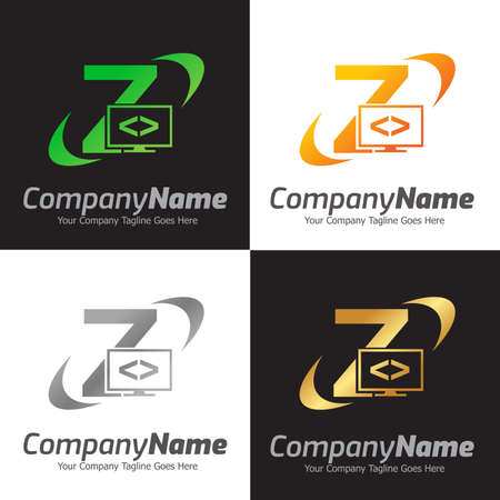 Programming code and computer monitor logo template. Coding school vector design. Computer science logotypeのイラスト素材