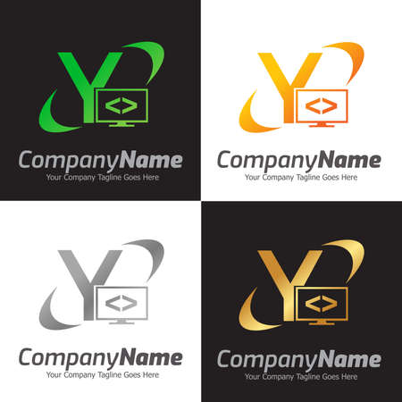 Programming code and computer monitor logo template. Coding school vector design. Computer science logotypeのイラスト素材