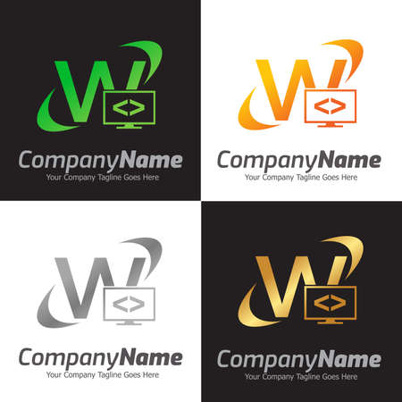 Programming code and computer monitor logo template. Coding school vector design. Computer science logotypeのイラスト素材