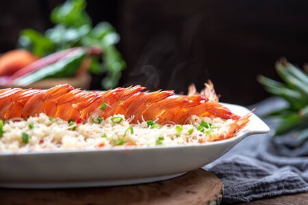 Fried rice noodles with shrimp and garlicの写真素材