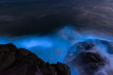 Seaside, beautiful starry sky and blue wavesの写真素材