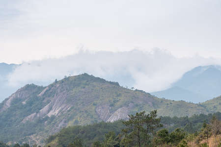 The mountains in the distance were filled with fogの写真素材