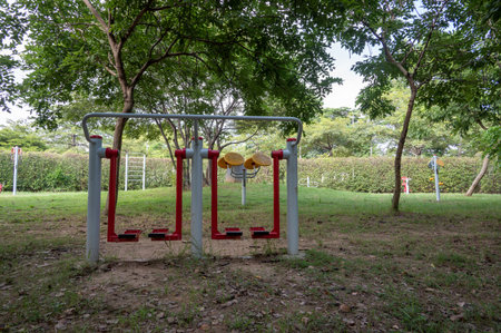 Fitness equipment on the grass in the parkの写真素材