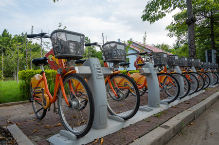 The Yellow exercise bicycles on the street are arranged neatlyの写真素材