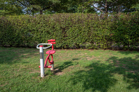 Fitness equipment on the grass in the parkの写真素材