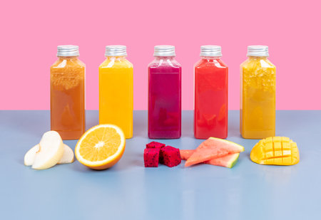 All kinds of colorful drinks made of all kinds of fruits and all kinds of healthy foodの写真素材