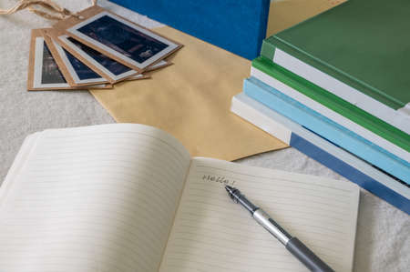Write "hello" on the page of the diaryの写真素材