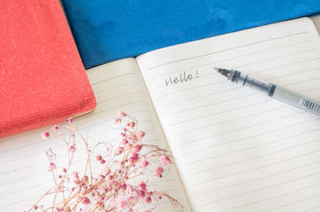 Write "hello" on the page of the diaryの写真素材