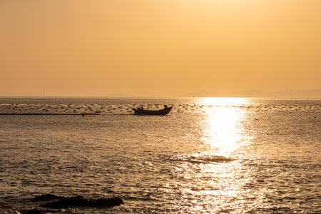 The morning sun made the sea and the beach goldenの写真素材