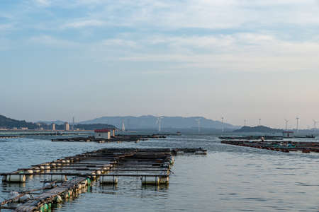 Fishery farms under the blue sky and on the blue skyの写真素材