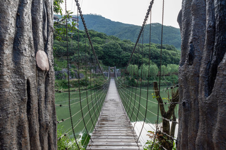 A sling bridge over a country riverの写真素材