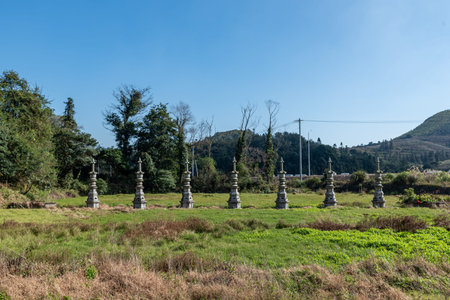 Forest of pagodas in traditional Chinese Buddhist templesの写真素材