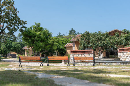 The chair or swing for people to rest on  grassland of a park