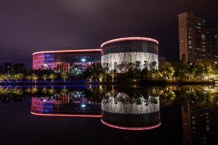 The stream reflects the Putian Museum of China in the eveningのeditorial素材