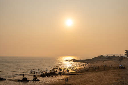 The beach under the setting sun is golden.のeditorial素材