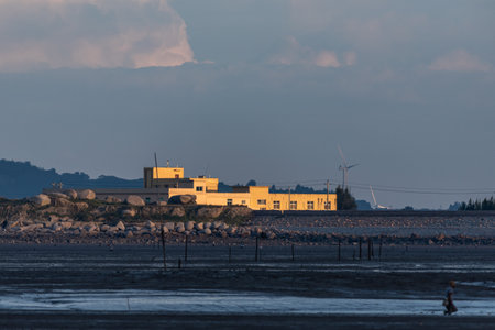 The  shoal  at dusk, light yellow light and black landのeditorial素材