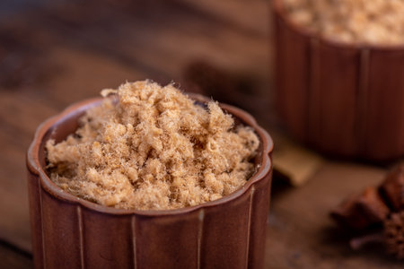 The refined meat floss is in the cup in the dark backgroundの写真素材