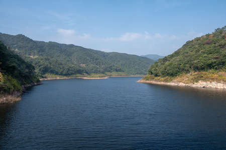 Forests and lakes under the blue skyの写真素材
