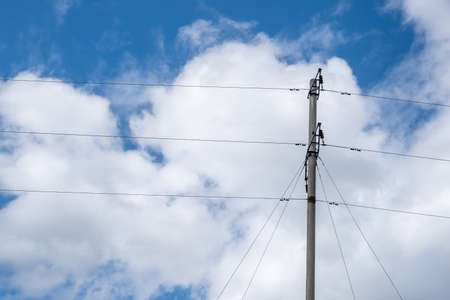 Wires and wire fences under blue sky and white clouds.の写真素材