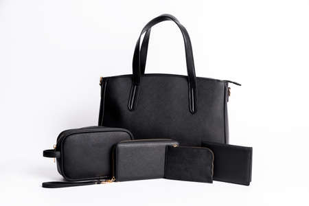 A black leather bag on a white backgroundの写真素材