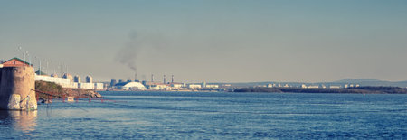 landscape shot of the sea and city on the islandの写真素材