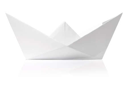 Origami paper ship isolated on whiteの写真素材