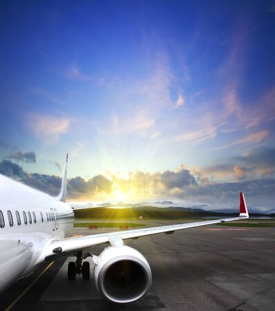 airplane wing at airport. vintage business travel conceptの写真素材