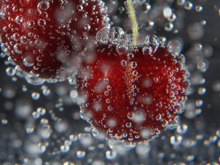 Cherry in soda water with bubbles close up on dark vintage colored backgroundの写真素材