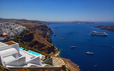 Blue and white colors of Oia City. Sunset in the Mediterranean. Love and travel backgroundの写真素材