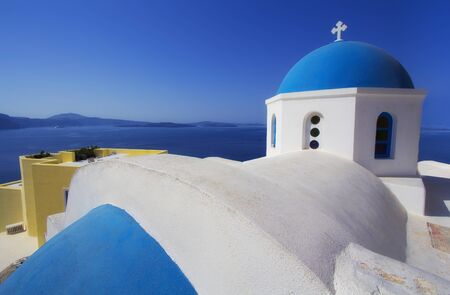 Blue and white colours of Oia City, Santorini, Greeceの写真素材