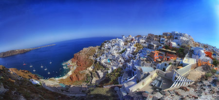 Magnificent panorama of the city of Santorini during the beautiful sunrise of the Mediterranean....