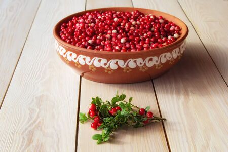 Fresh ripe  lingonberry (cowberry , partridgeberry, foxberry) in clay bowl on rustic wooden table top viewの写真素材
