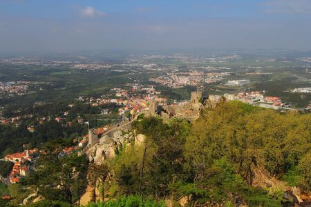 Aerial view of beautiful panorama of Castelo Dos Mouros, Sintra, Portugalの写真素材