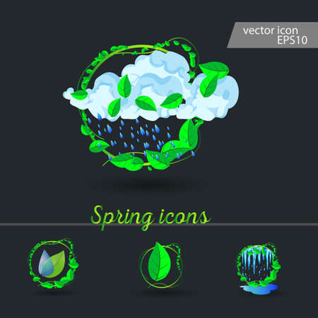 set of spring icons Cloud, rain, puddles, drops under the green leavesのイラスト素材