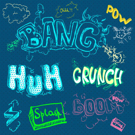 A high detail vector mock-up of a typical comic book page with various speech bubbles, symbols and sound effects and colored Halftone Backgrounds.のイラスト素材