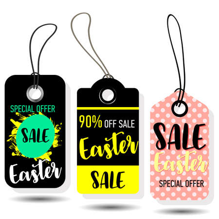 Happy Easter sale tags. Holiday labels set. Hand drawn sketch vintage vector illustrations.のイラスト素材