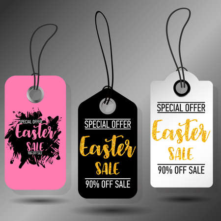 Happy Easter sale tags. Holiday labels set. Hand drawn sketch vintage vector illustrations.のイラスト素材