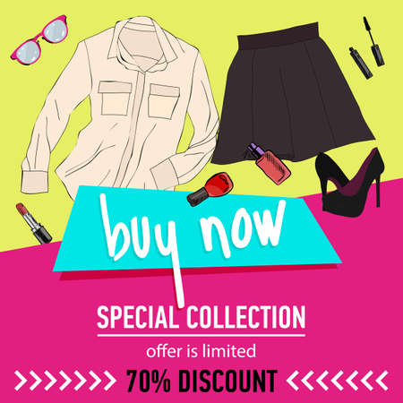 Online shopping. Online store for women. Flat lay.のイラスト素材