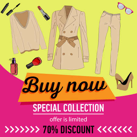 Online shopping banner. Online store for women. Flat lay.のイラスト素材